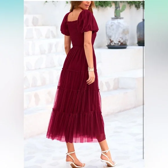 Smocked Tulle Midi Dress | 2025 Summer | Square Neck | Puffy Short Sleeve - Picture 7 of 7